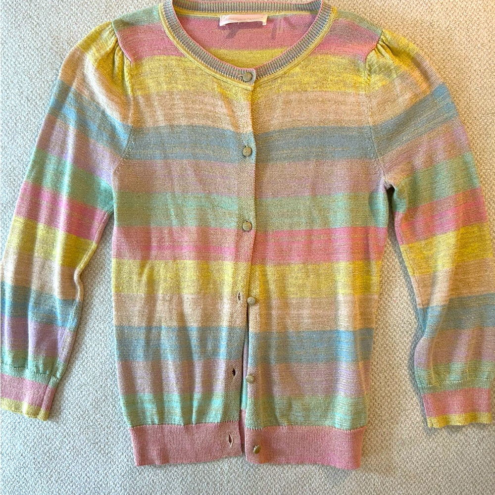 LoveShackFancy metallic thread multi-colored cardigan.